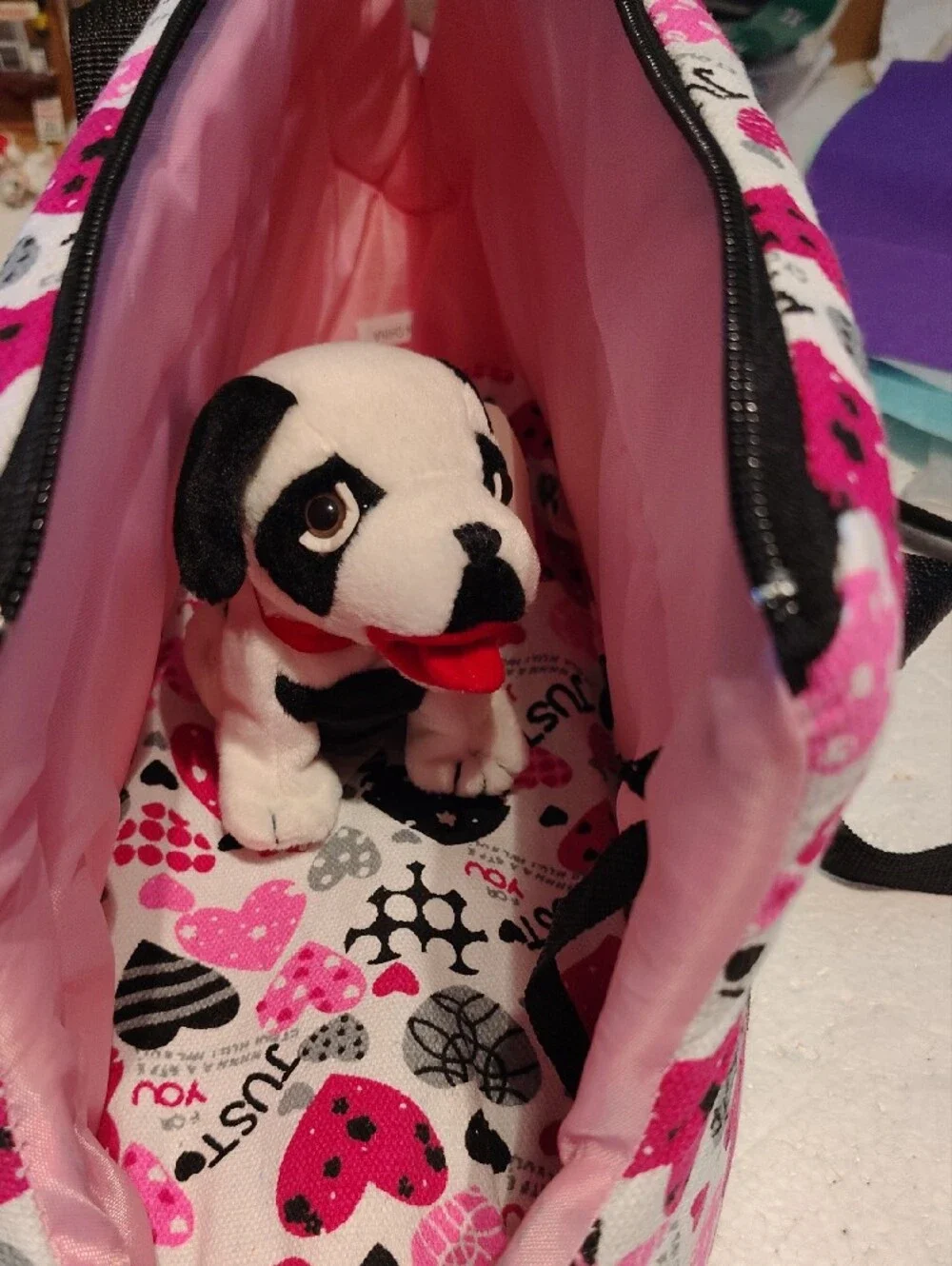 Plush Shoulder Bag For Your Puppy - Pink & Black Heart Print New